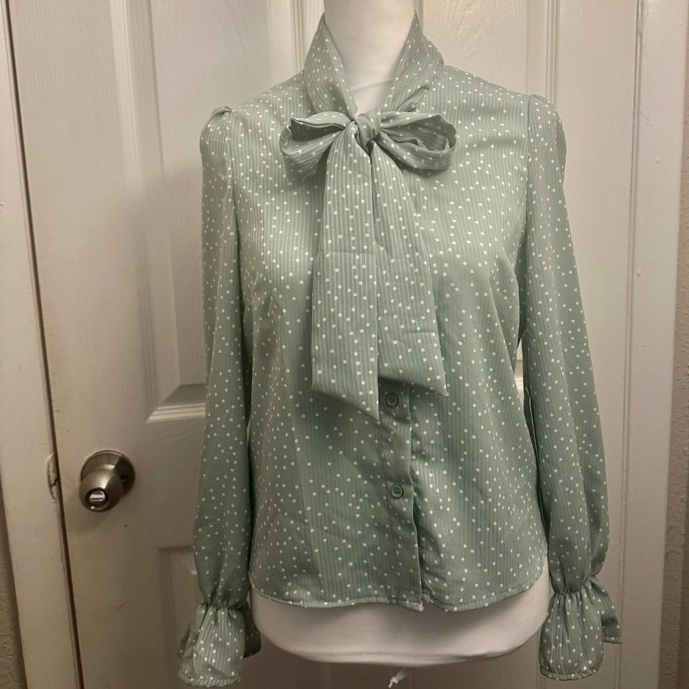 Elegant Polka Dot Bow Blouse -Light Sage Green